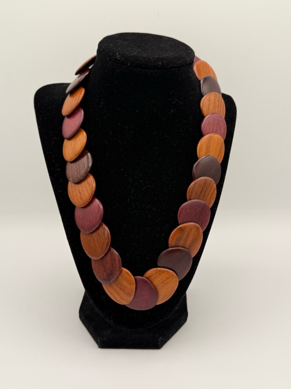 Wooden Disc Necklace in Brown and Burgundy - Boho